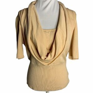 Venini Cowl Neck Layered Look Top XL Beige Short Sleeve Ribbed Knit Stretch NEW